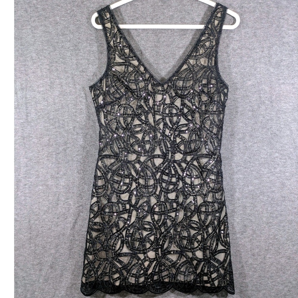 Bebe‎ Frosty Organza Embroidered Sequin Sheath Dress Black Cream Sz Small NWT